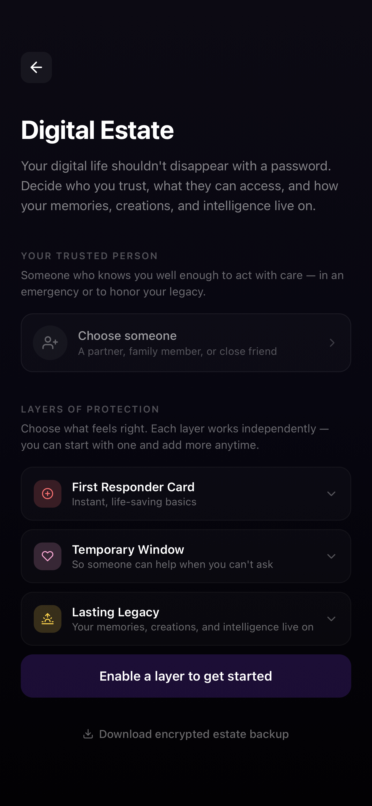 Balnce app showing Digital Estate settings